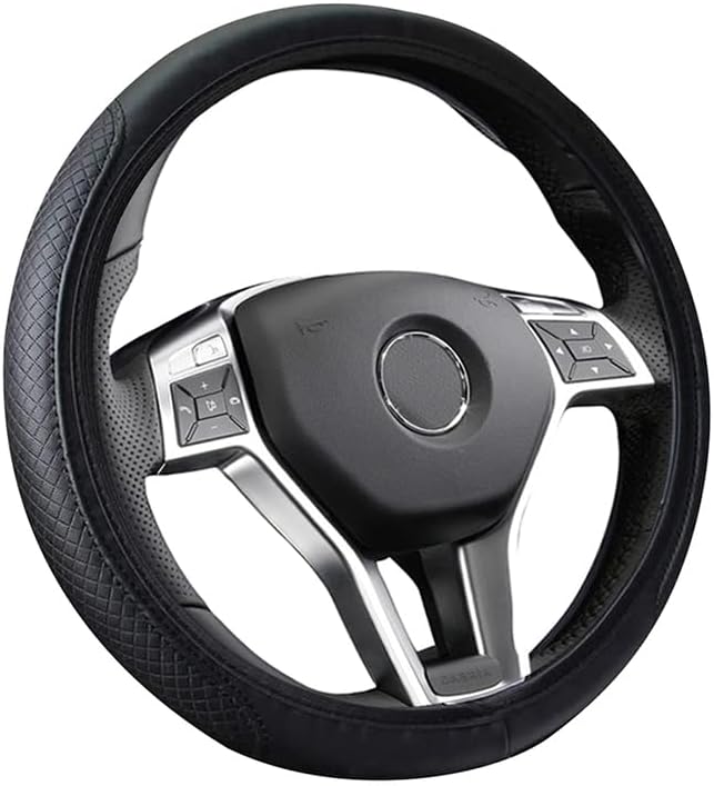 Leather Car Steering Wheel Cover, Classical Leather Automotive Steering Wheel Covers,Breathable, Non-Slip,Elastic, Universal 15 inch Steering Wheel Protector (Black)