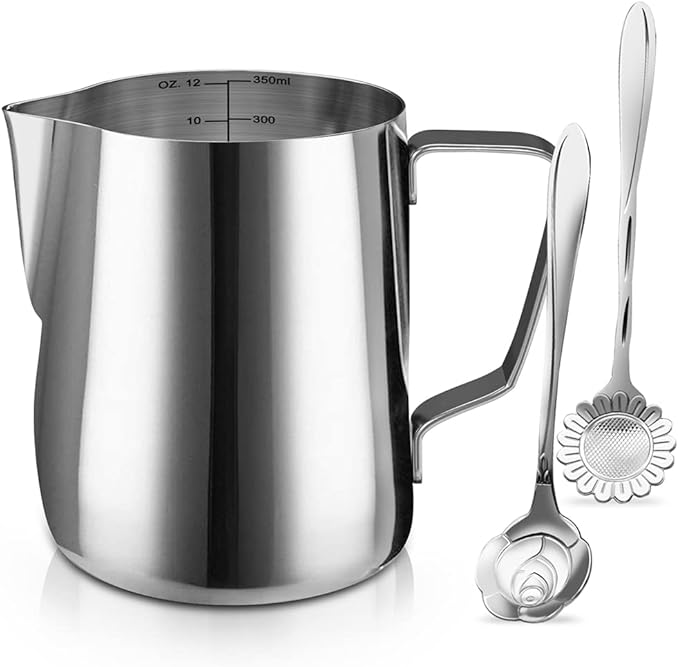 Milk Frothing Pitcher Cup, 12oz/350ML Milk Frother Cup Stainless Steel Steaming Pitcher Milk Jug Coffee Latte Art Cappuccino Espresso Machine Accessories Barista Steam Pitchers Attached Dessert Spoons