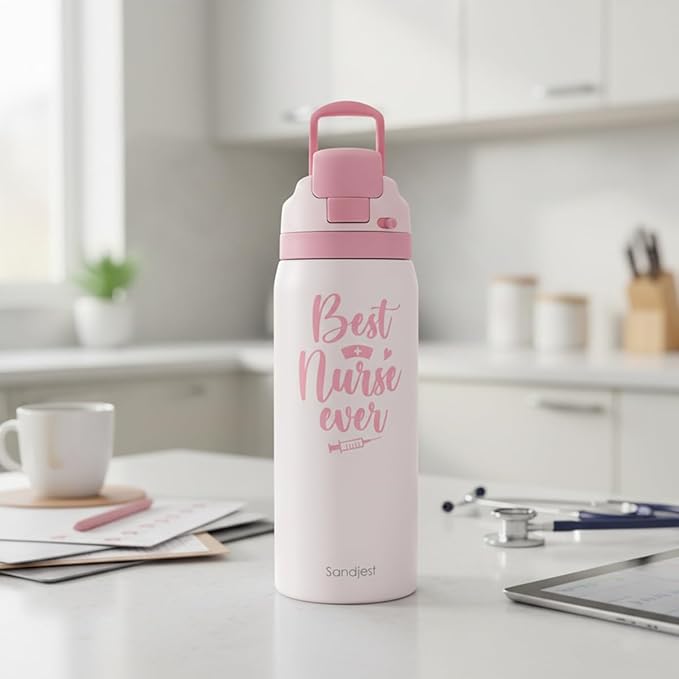 Nurse Insulated Stainless Steel Water Bottle with Straw for Sports and Travel, Best Nurse Ever, 32oz, Gifts for Women Graduation Nurse Week Appreciation Birthday Christmas