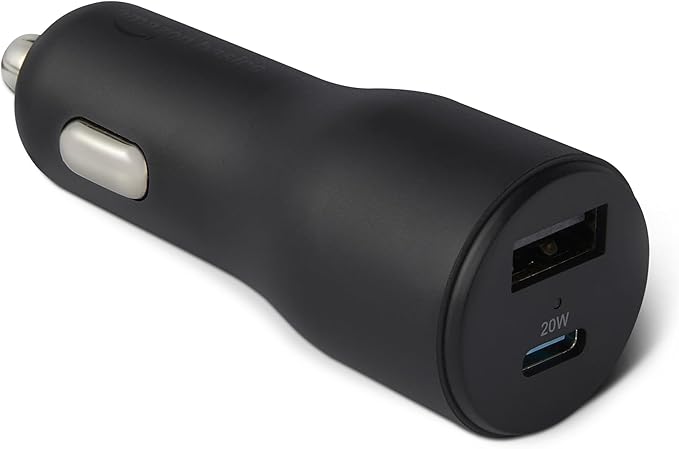 Amazon Basics Fast-Charging Car Charger, Dual-Port, 1 USBC+1 USB-A, 32W, 2.36" D x 2.36" W x 4.72" H, Black