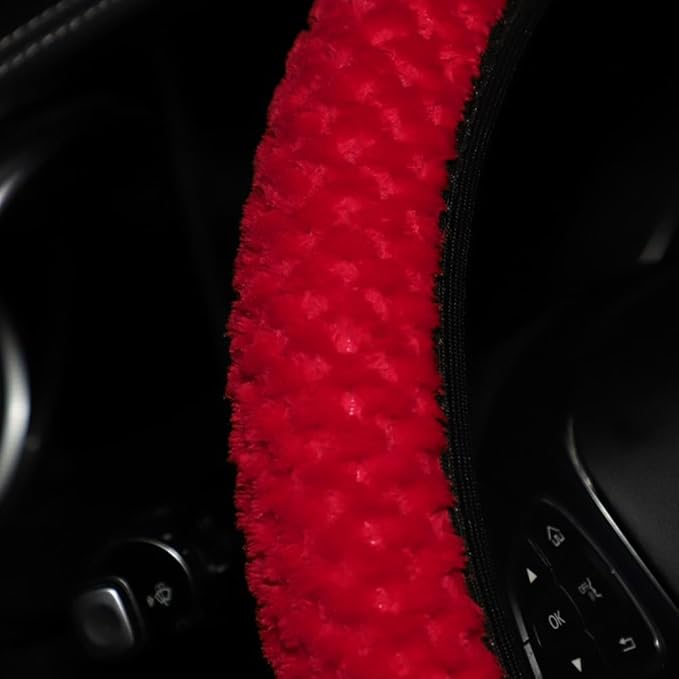 15 Inch Soft Dot Plush Steering Wheel Cover Anti-Slip Comfortable Winter Grip Universal Fit for Most Car Truck Vehicle SUV (Red)