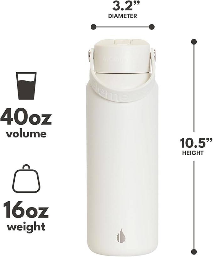 Elemental 40oz Insulated Water Bottle with Straw - 100% Leak-Proof Stainless Steel Core Water Bottles for Travel, Sports and Gym - Double Wall Insulation & BPA Free - White