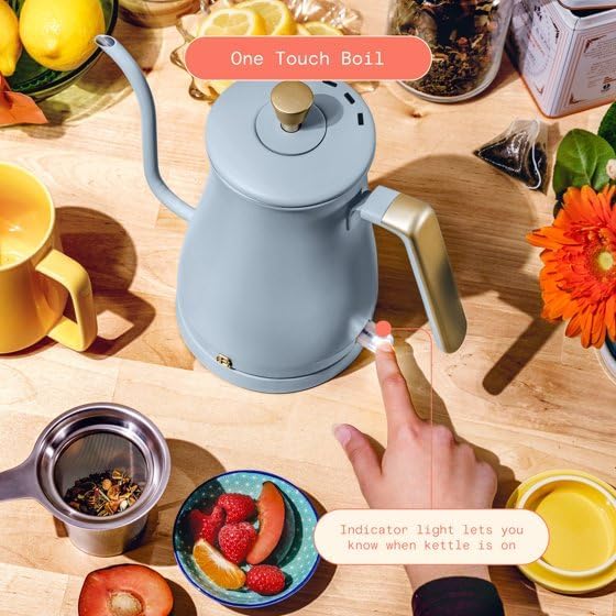 Beautiful 1-Liter Electric Gooseneck Kettle, 1200W Fast Heating, Precision Pour Spout, One-Touch Control, Stylish Compact Design by D'rew Barry'more (Cornflower Blue)