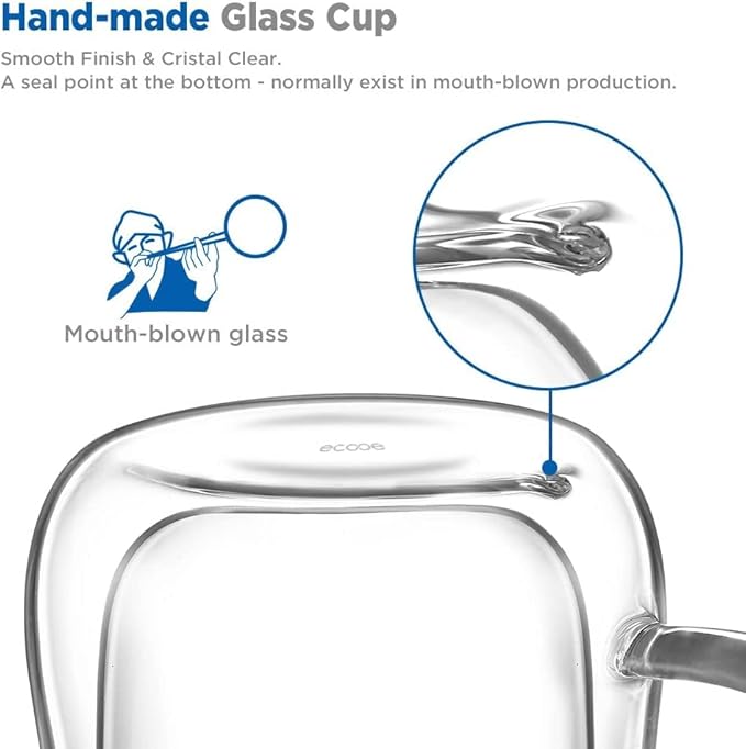 ecooe 12 oz Double Walled Glass Coffee Mug Latte Cappuccino Cups Set of 2, Clear Glass Coffee Cups with Handle, Insulated Coffee Cup Borosilicate Heat Resistant Double Wall Glass Coffee Mug Tea Cups