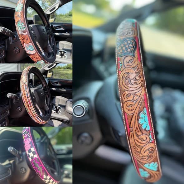Western Steering Wheel Cover, Color Printed Embossed Hand-Painted Leather Western car Parts, for Women Man, Anti-Slip Design Easy to Install, for Trucks SUVs Cars (Style 6)
