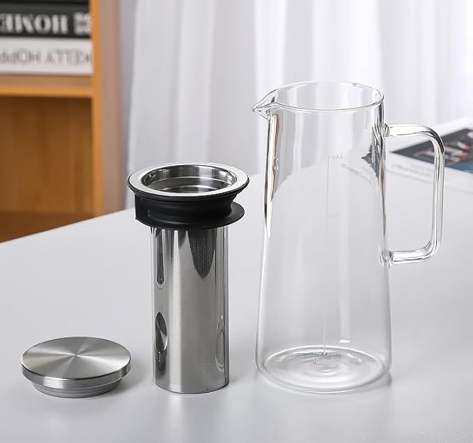 Cold Brew Coffee Maker Borosilicate Glass with 304 Stainless Steel Filter, Tea Infuser Ice Cold Brew Pitcher Kitchen, with Spout Kitchen Iced (34oz (1.0 L))
