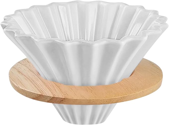 Ceramic Coffee Dripper with Wood Cup Stand Pour Over Coffee Maker Elegant Flower-shape V60 Strainer for 1-2 Cups Slow Brewing Accessories for Home Coffee Shops Restaurants White
