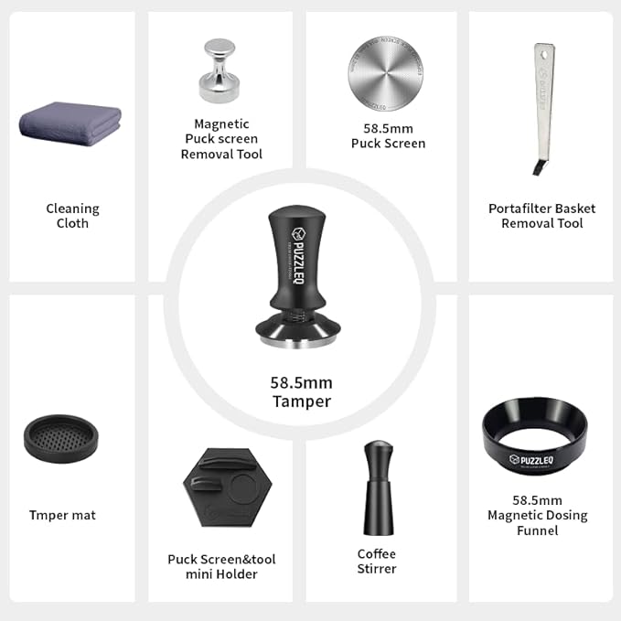 9 Pcs 58mm Espresso Accessories Kit, Spring Loaded Calibrated Tamper,mat，WDT Tool，Dosing Funnel，Puck Screen kit，Basket Removal Tool ，Cleaning ClothSet,Fits 58mm Espresso Coffee Machines(58MM)
