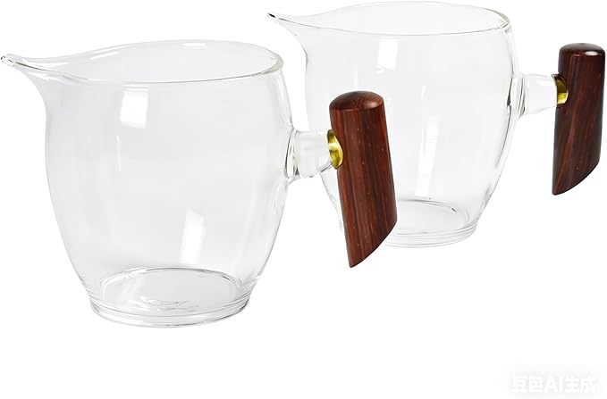Small Glass Creamer Pitcher Set of 2, Elegant Spherical Transparent Creamer Pitcher for Coffee, Milk, Tea, 12 oz Milk Frothing Cup Creamer Jug for Coffee shop, Home and Kitchen, Wooden handle