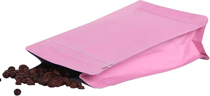 coffee bags with Valve High Barrier Aluminumed Foil Flat Bottom Standing Coffee Beans Storage Bags,Reusable Heat Sealable Side Zipper Pouches (8oz/50pc, Pink)