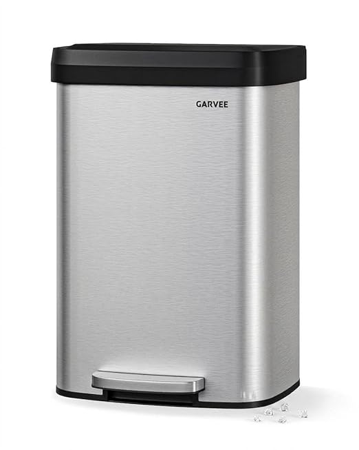 Garvee 13 gal / 50 L Stainless Steel Trash Can with Lid, Large Garbage Can for Kitchen, Rustproof Step-on Kitchen Metal Trash Bin with Liner Rim, Rear Handle, Soft Close Plastic Lid, Silver