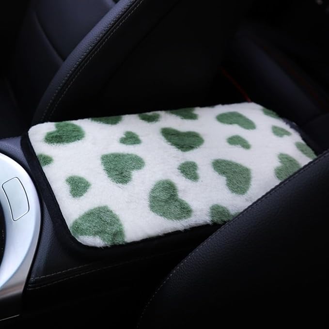 Furry Car Armrest Cover, Winter Warm Plush Heart Armrest Box Mat, Car Center Console Cushion Pad, Cars Interior Accessories(Green)