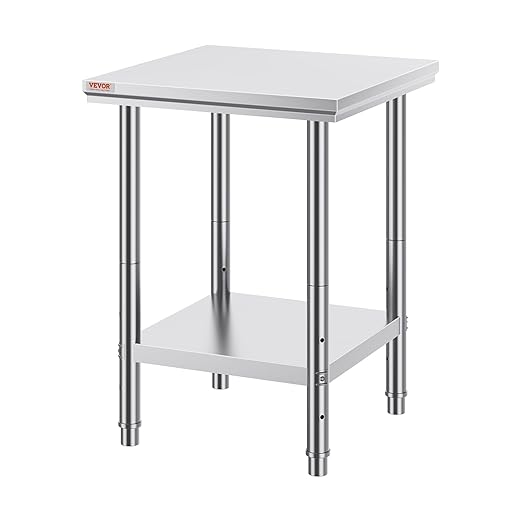 VEVOR Stainless Steel 24 x 24 x 32 Inch Commercial Kitchen Prep & Work Table Heavy Duty Metal Work Table with Adjustable Feet for Restaurant, Home and Hotel