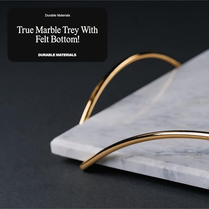Serving Tray with Gold Handles – 12"x8" Marble Decorative Tray for Food, Drinks, Bathroom, or Coffee Table Décor by Museo