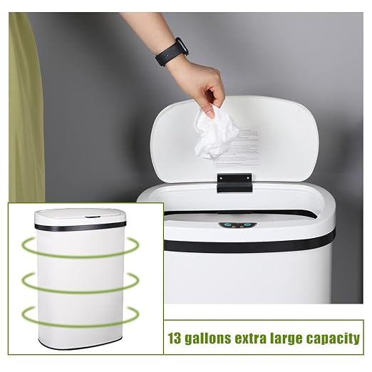 13 Gallon 50 Liter Garbage Can Kitchen Trash Can with Lid Automatic Sensor Touch Free Stainless Steel Waste Bin for Bathroom Bedroom Home Office,White