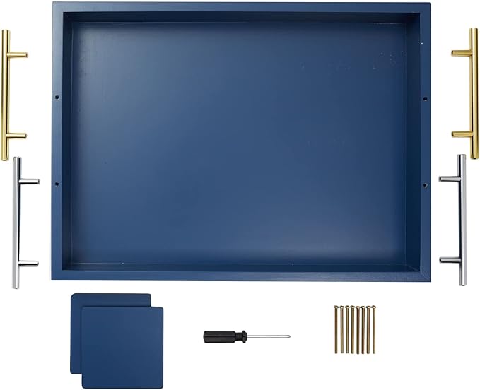 Juvale Coffee Table Tray - 15.7 x 11.8 x 3 in, Blue, Rustic Wood - Serving Tray with Interchangeable Gold & Silver Handles for Coffee Table Decor & Ottoman Use with 2 Coasters
