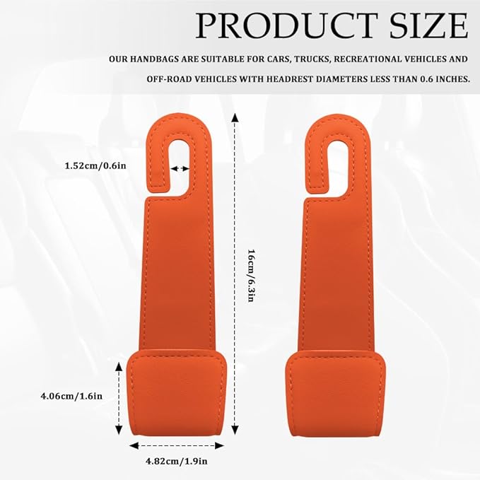 2PCS Purse Holder for Car, Purse Hook for Car, Leather Headrest Hooks for Automotive Back Seat, Auto Accessories Back Seat Organizer Hook for Grocery Bag Handbag Coat (Orange, 2PCS)