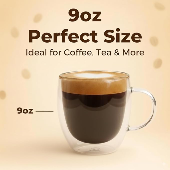 Double Walled Coffee Cups Glasses Mugs 9oz Set of 4 | Heat Resistant Borosilicate Clear Glass Espresso Latte Cappuccino Tea Cups with Handle | Insulated Glass Coffee Mugs Ideal for Gifting