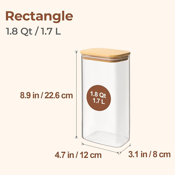 ComSaf 1.8Qt Rectangular Glass Food Storage Containers with Lids, 3-Piece Airtight Cereal Containers Storage, Glass Jars with Bamboo Lids, Space Saving Pantry Organizers for Flour, Pasta, Nut & Coffee