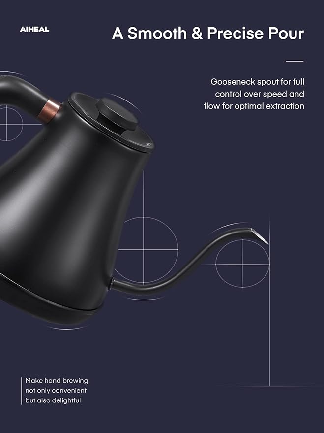 Electric Gooseneck Kettle Temperature Control, Pour Over Electric Kettle for Coffee and Tea, 100% Stainless Steel Inner, 1200W Rapid Heating, 0.8L, Built-in Stopwatch, Matte Black