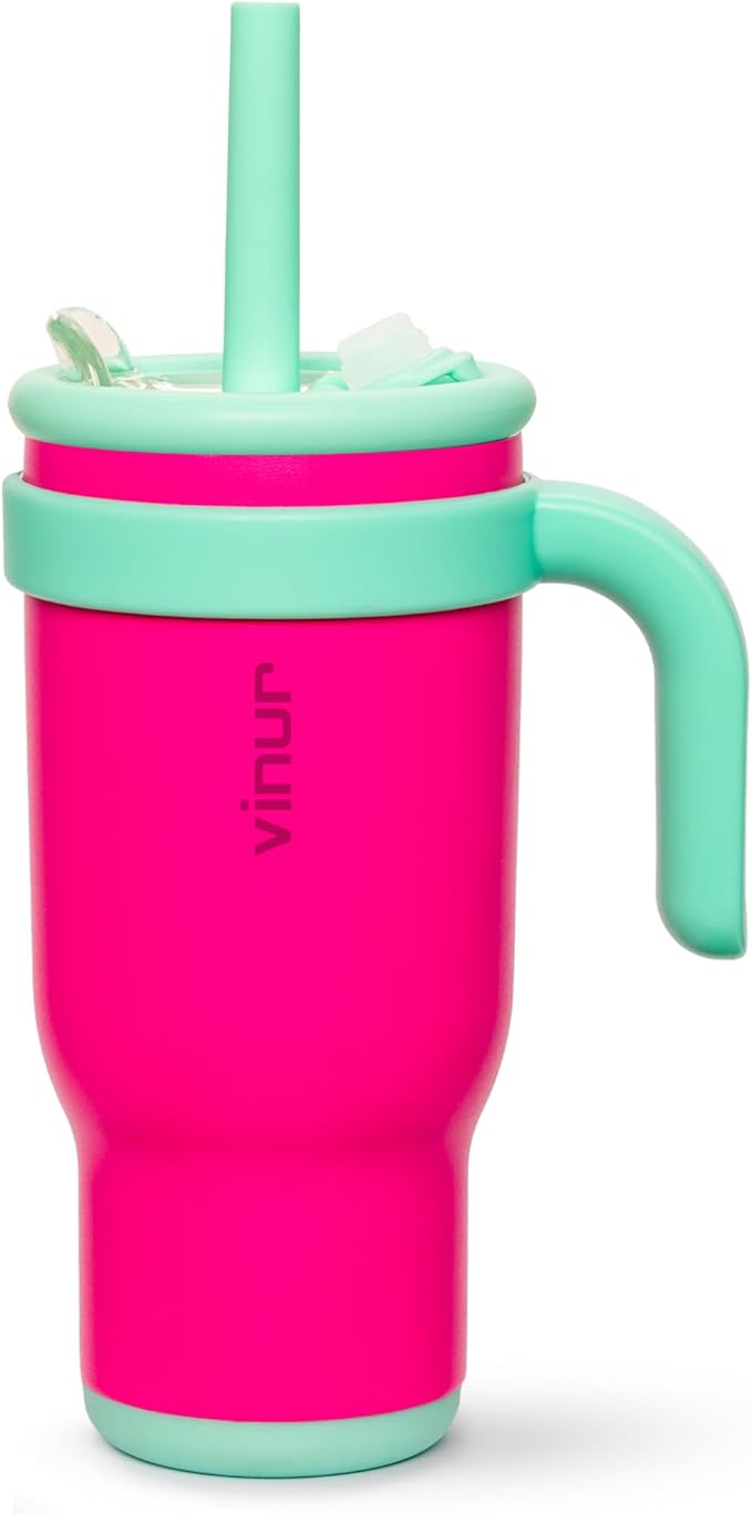 VINUR Insulated Tumbler with Handle 17 oz Stainless Steel Double Wall Vacuum Tumbler Travel Water Cup with Lid and Straw(Rose Pink)