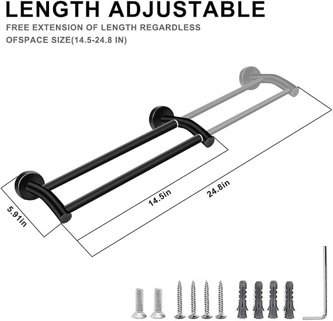 MGahyi Adjustable Double Towel Bar 14.5-24.8Inch, Matte Telescopic Stainless Steel Wall Mount Towel Holder, Rustproof Towel Rack for Bathroom Kitchen RV Laundry Hotel (Black, Double-Bar)