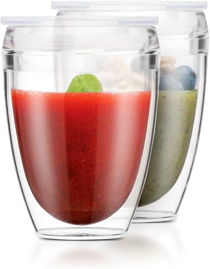 Bodum 10oz Pavina Reusable Double Wall Tumblers with Lid, BPA-Free Plastic, Hot and Cold Drinks, Set of 2, Clear