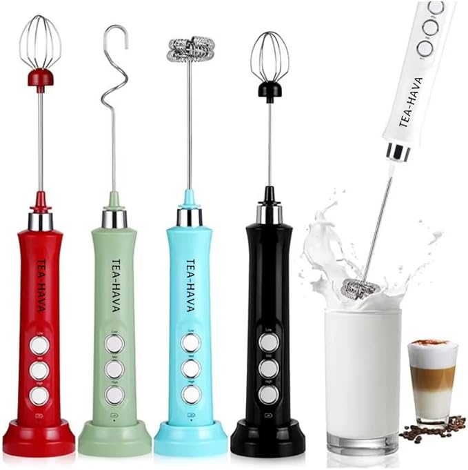 Milk Frother Handheld Rechargeable, Frother Wand Drink Mixer Electric Whisk for Coffee, Detachable With 3 Stainless Whisks, Hand Mixer for Lattes, Cappuccino, Matcha, Egg (RED) with Stand