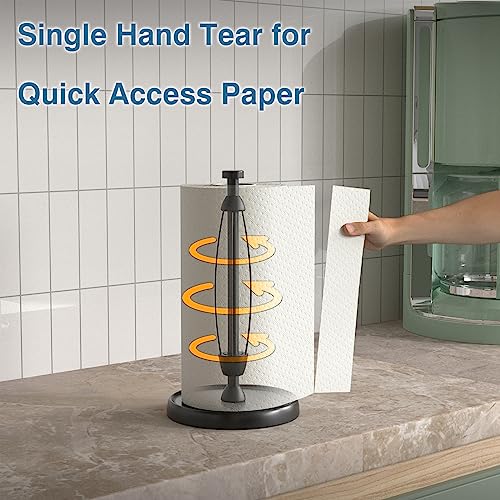 Paper Towel Holder Countertop, One-Handed Tear, Stainless Steel, Weighted Base, Black, Paper Towel Roll Holder Stand with Ratchet Mechanism for Kitchen Bathroom Farmhouse Essentials Decor Accessories