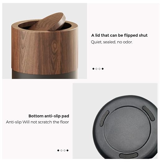 3.1 GAL Modern Metal Trash Can with Realistic Wood Texture,Built-in Bag Holder,Flip Lid,Small Bathroom Garbage Can for Bathroom,Home,Office,Living Room (3.1gal Swing lid)
