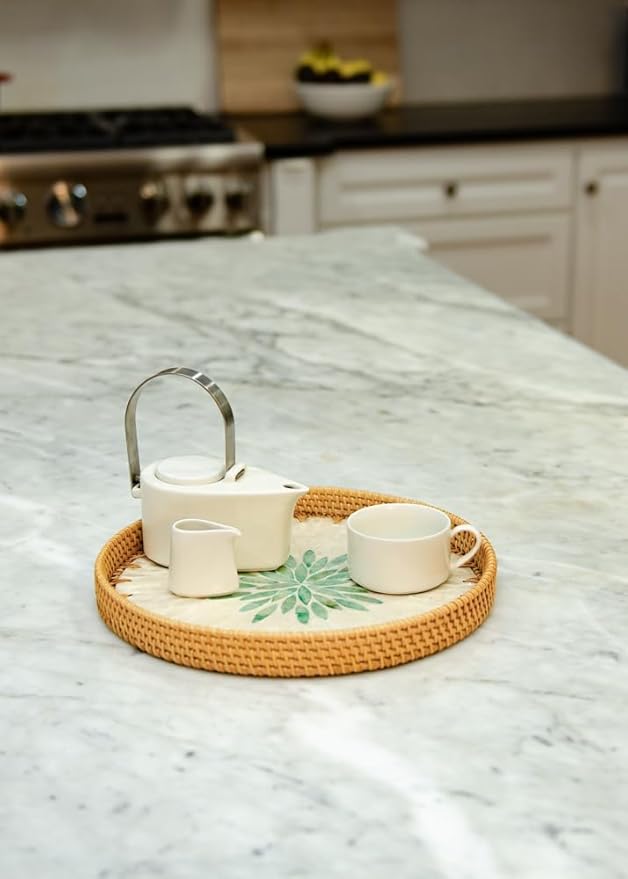 Magenta & Teal Round Rattan Serving Tray with Mother of Pearl Inlay, Wicker Coffee Table Decor, Farmhouse Style (Silver Green Flower)