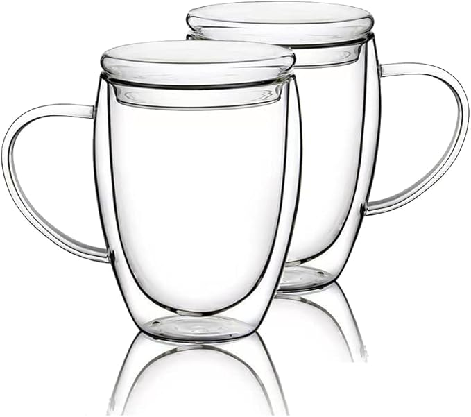 12 Oz Double Walled Glass Coffee Mugs, 2 Packs Clear Coffee Mugs with Lids Insulated Coffee Cups with Handle Perfect for Cappuccino,Tea,milk ,Espresso,Latte, Hot Beverage Set of 2 (Glass lid, 12oz)