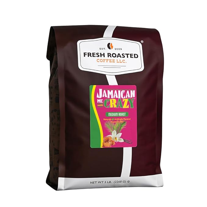 Fresh Roasted Coffee, Jamaican Me Crazy Flavored Coffee, 5 lb (80 oz), Medium Roast, Kosher, Ground