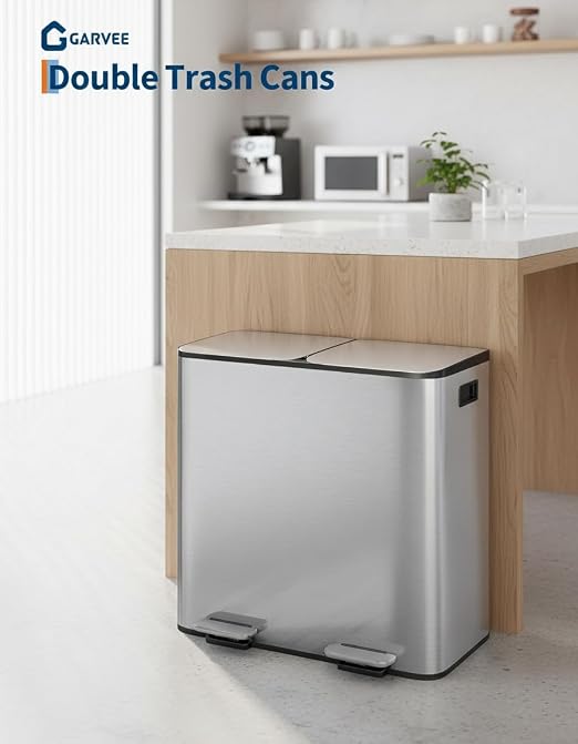 Garvee Double Trash Can, 2 x 10.6 gal (2 x 40 L) Garbage Can for Kitchen Dual Compartment Recycling Kitchen Step Trash Bin, Stainless Steel Trash and Recycle Bin Combo with Soft-Close Lid,Silver