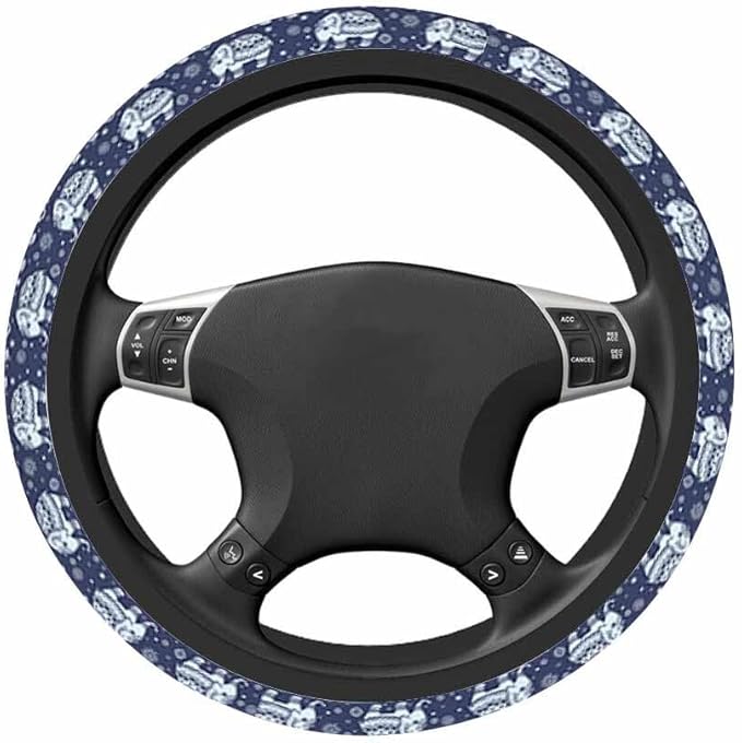 Elephant Car Steering Wheel Cover Ethnic Indian Background in Retro Colors Steering Wheel Cover Car Decor Suitable for Most Vehicles Including Trucks and SUV