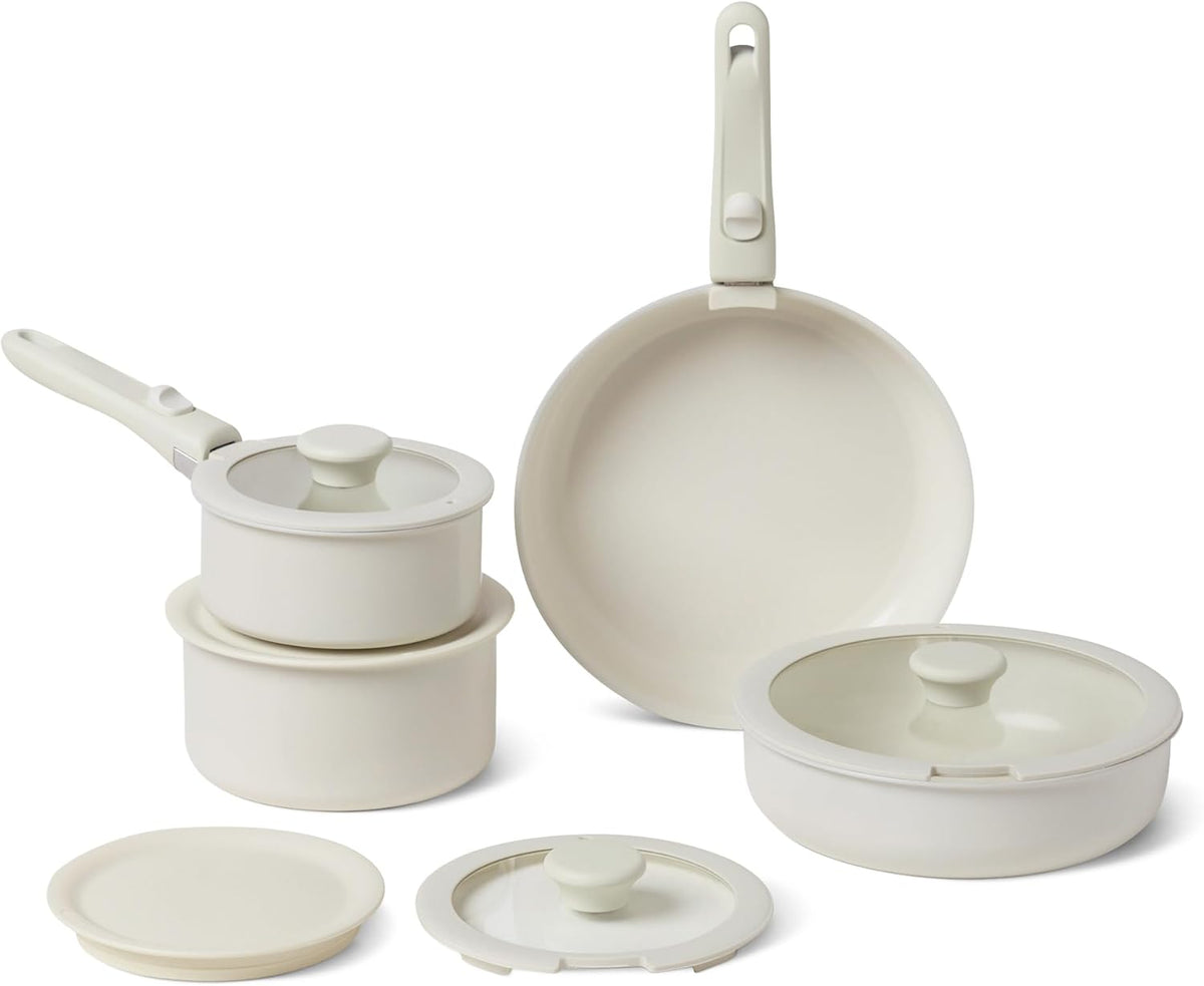 Amazon Basics Ceramic Nonstick Stackable Cookware with Detachable Handles, 11-Piece Set, All Cooktop Friendly, Linen Gray