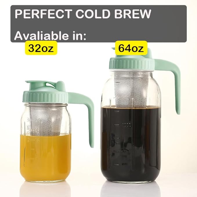 Fermus Cold Brew Coffee Maker, 64oz / 2Quart Glass Pitcher with Stainless Steel Filter and Pour Spout Handle Lid, Mason Jar for Making Cold Coffee, Fruit Drinks, Sun Tea (1, 64 Ounces)