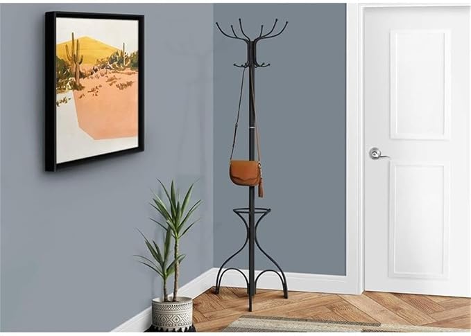 Monarch Specialties I 2031 Coat Rack, Hall Tree, Free Standing, 12 Hooks, Entryway, 70" H, Umbrella Holder, Bedroom, Metal, Black, Transitional