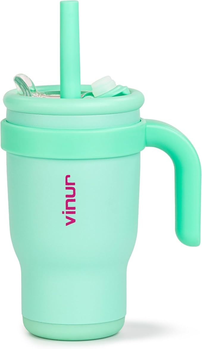 VINUR Kids 14 oz Tumbler with Handle and Straw Lid - Leak Resistant-Reusable Stainless Steel Insulated Tumbler Mug with Rubber Base-Cup Holder Friendly, Teal