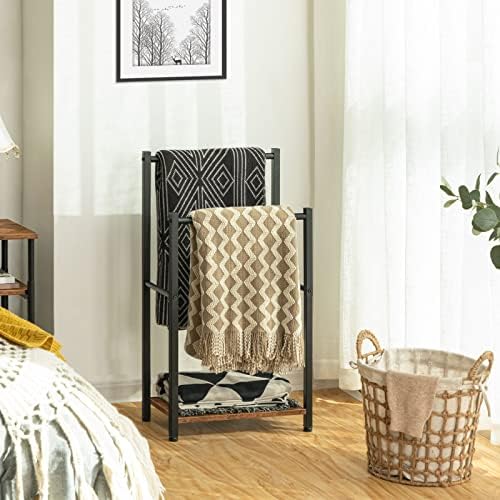 HOOBRO Free Standing 2 Tier Towel Rack for Bathroom and 6-Tier Blanket Ladder with Hooks Bundle, Blanket Holder, Drying and Display Rack with Shelf, Rustic Brown and Black BF02LB01-BF66CJ01