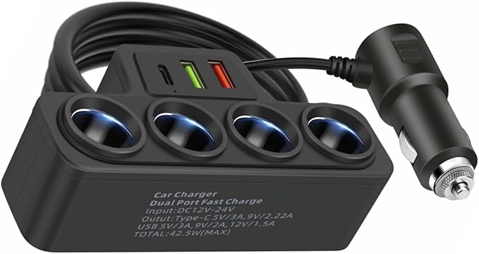 Type C USB Car Charging Adapter 12V/24V Vehicles Power Socket Splitter for Dashcam/Phones Safe Charging Black