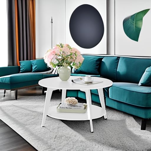 VASAGLE MAEZO Collection - Round Coffee Table, 2-Tier Center Table with Storage, Tapered Legs, Curved Transitions, 31.5 Dia. x 17.7 H Inches, Easy Assembly, for Living Room, Snow White ULCT243W14