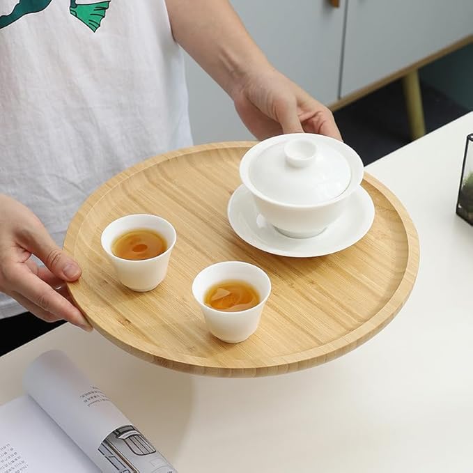 Round Bamboo Tray, Wood Serving Tray, Wooden Platter, Wood Charcuterie Board, Decorative Tray for Coffee Table,13.8 inch