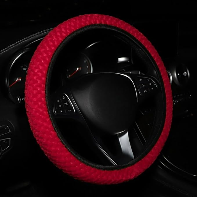 15 Inch Soft Dot Plush Steering Wheel Cover Anti-Slip Comfortable Winter Grip Universal Fit for Most Car Truck Vehicle SUV (Red)