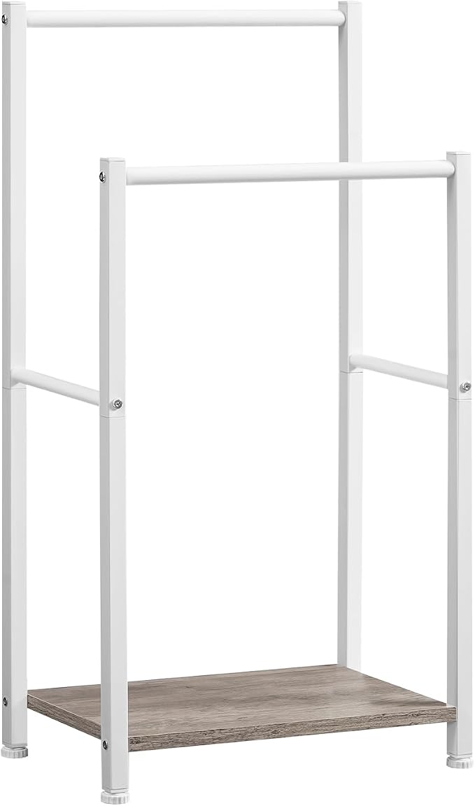 HOOBRO Free Standing Towel Rack for Bathroom, 2 Tier Blanket Rack, 16.5" L x 9.4" W x 31.5" H, Blanket Holder, Drying and Display Rack with Shelf, White and Grey WG02LB01