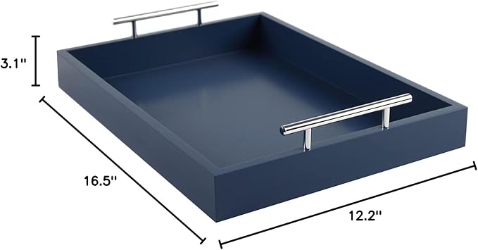 JJSQYLAN Wooden Serving Tray with Handles Rectangle Breakfast Tray for Coffee Table Decorative Ottoman Tray 16”x 12” for All Occasion's (Blue)