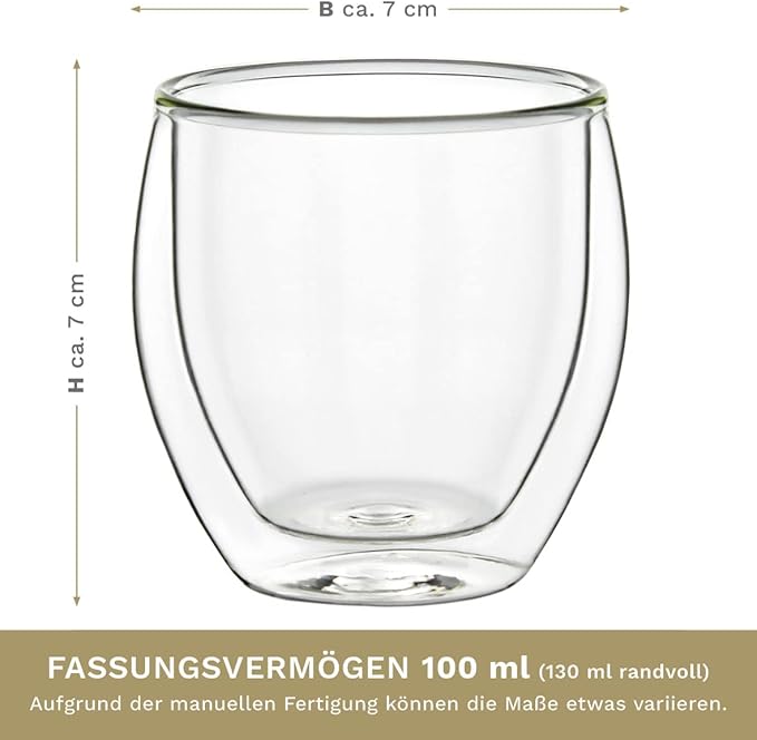 Creano Double Wall Espresso Glasses 3.5 OZ, Insulated Glass Cups - 6X 3.5oz (100ml)