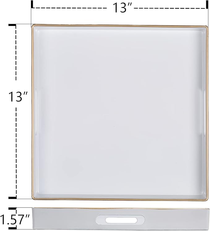 MAONAME 13" Decorative Tray, White Serving Tray with Handles, Coffee Table Trays, Square Plastic Trays for Ottoman, Bathroom, Kitchen