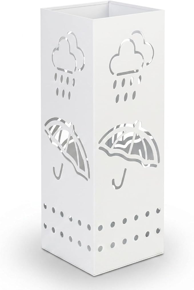 BEWBBAT Metal Umbrella Stand for Entryway, 6 x 6 x 17 Inch White Square Umbrella Organizer Bin, Free Standing Umbrella Holder,Walking Sticks, Home Office Decor