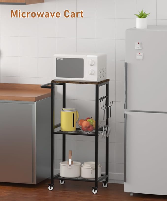 Kitchen Microwave Stand Cart with Storage Rack | 3-Tier Rolling Kitchen Side Table on Wheels with 8 Hooks, Utility Small Coffee Shelf Organizer for Living Room, Bedroom, Bathroom, Office, Black